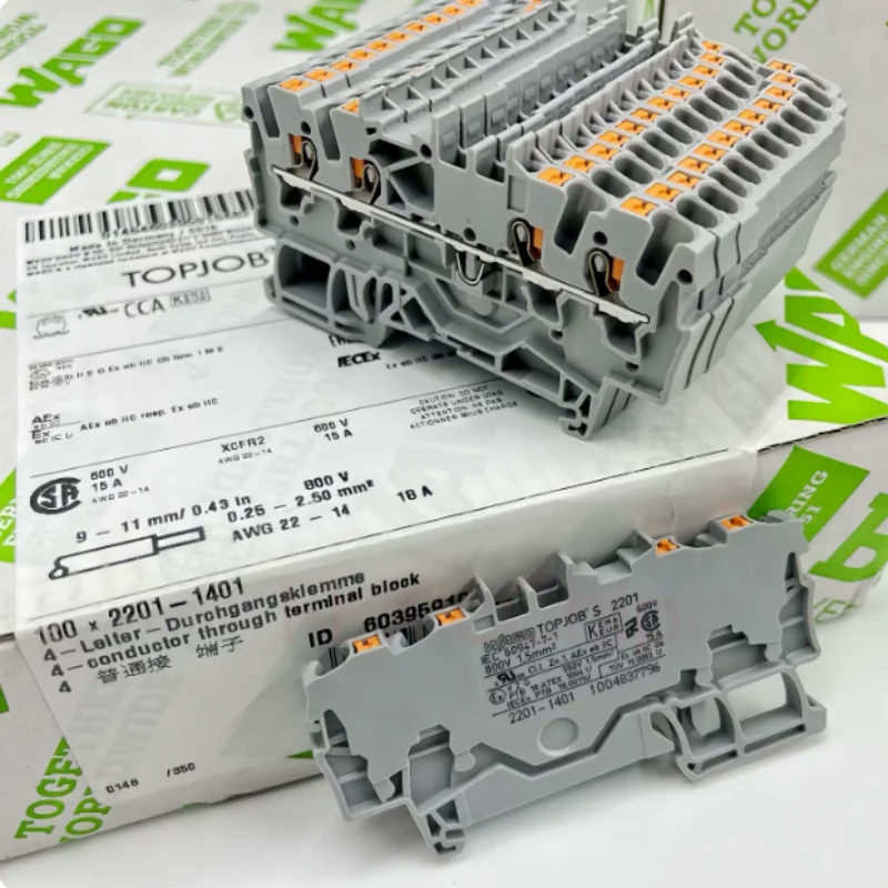 Hot Sale WAGO 2201‑1401 DIN Rail Mount Terminal Block 0.25‑2.5mm² Cage Clamp Connector