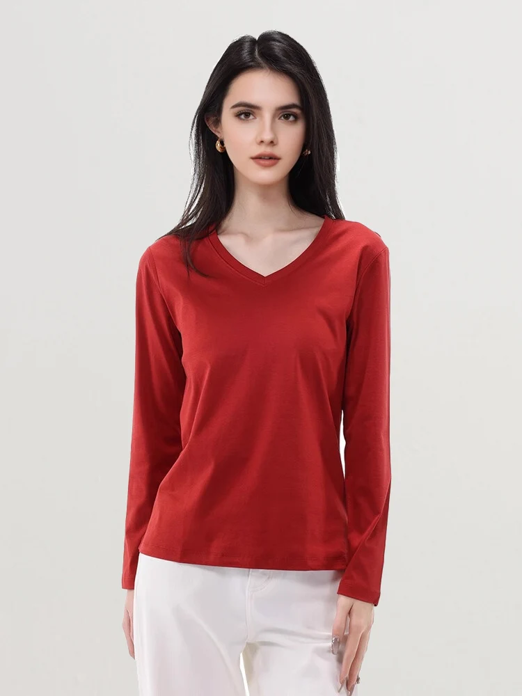 SuyaDream Women Solid T Shirts Silk Cotton Blend Plain O Neck Long Sleeved Tee 2025 Spring Autumn Basic Top White Black