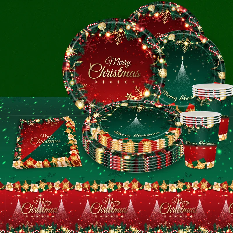 Christmas Party Red Green Christmas Tree Gift Party Set Disposable Party Paper Tray Paper Cup Tablecloth