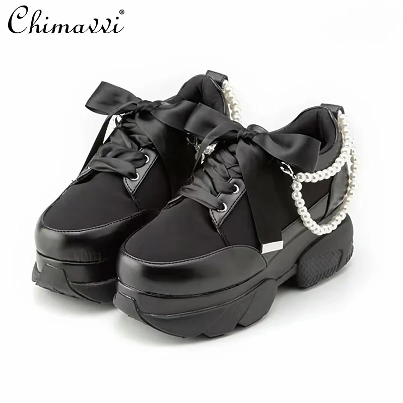 

New 2024 Japanese Style Mine Platform Dad Shoes Women High Heel Pearl Chain Lolita Sweet Girls Platform Shoes Pumps All-match