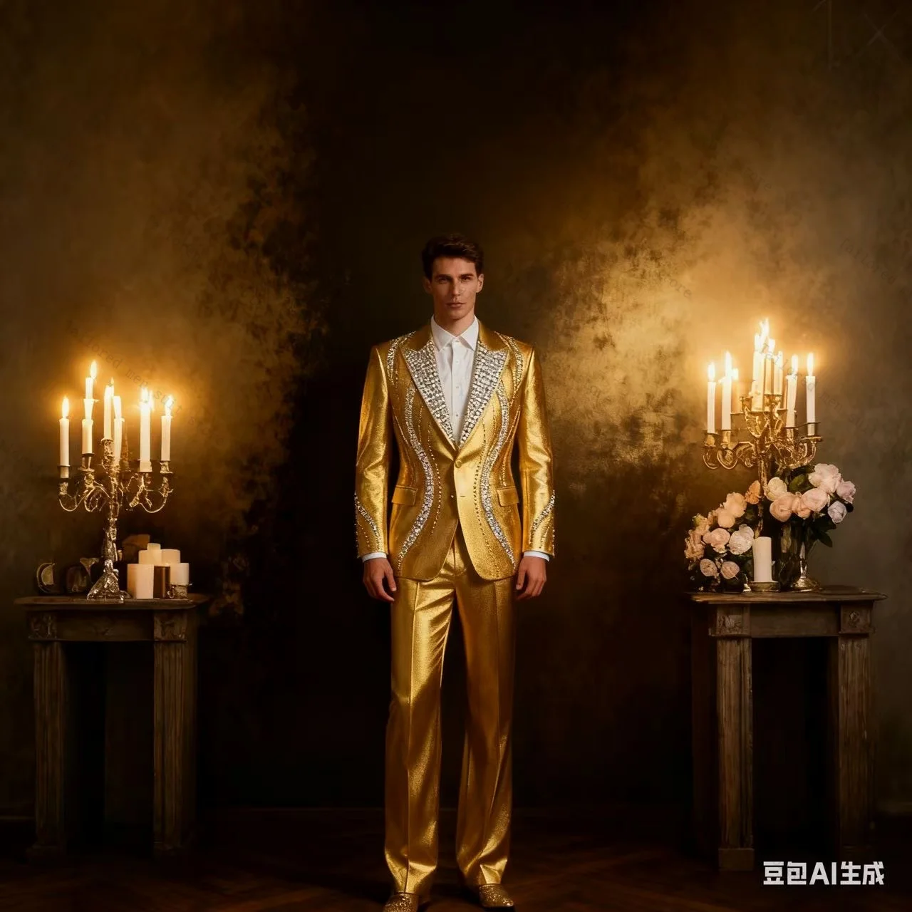 

Golden Crystals Men Suits Set 2 Pieces Blazer+Pants Trousers Groom Wedding Tuxedos Jacket Formal Office Cotton Customized Coat