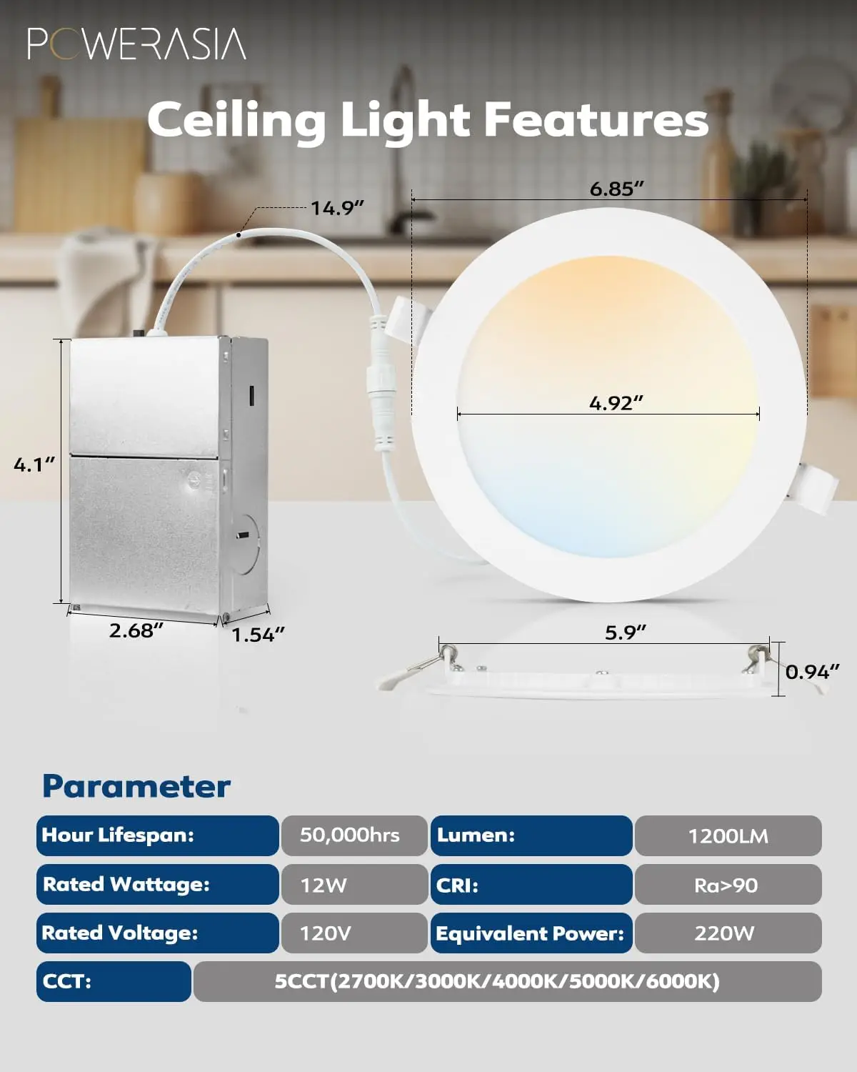 12แพ็ค6นิ้วไฟติดเพดานฝัง LED บางเฉียบพร้อมกล่องเชื่อมต่อหรี่แสงได้5Cct 2700K/3000K/4000K/5000K/6000K 1200Lm 15W