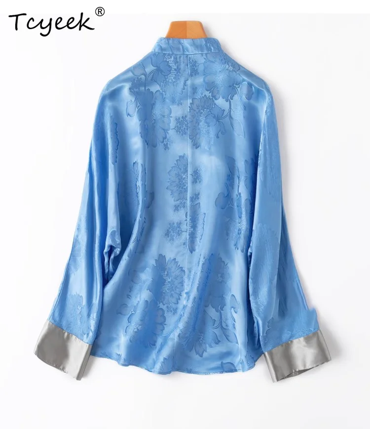 

Tcyeek 50%Mulberry Silk Vintage Elegant Shirts Women Flower Jaquard Stand Collar Loose Blouses Autumn Winter New Tops T3N551QM