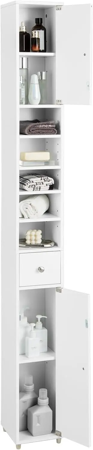 Hochschrank mit Schublade, Türen & Ablagen, Badschrank, Aufbewahrungsschrank für Badezimmer, Wohnzimmer & Küche, 20 x 20 x 180 cm