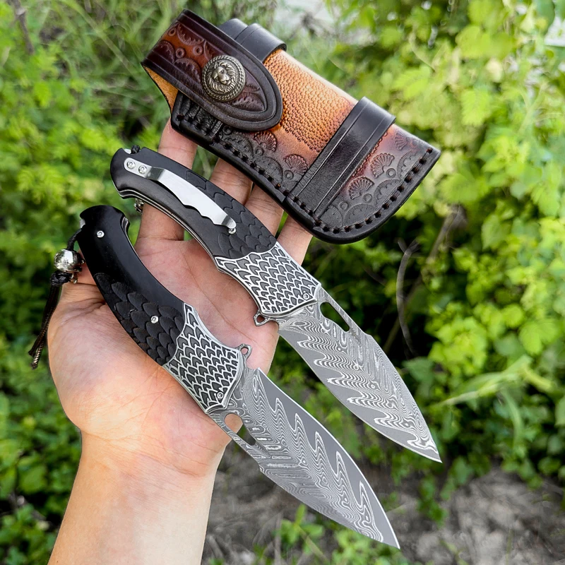 Handmade Japanese Damascus Steel VG10 Blade Pocket Folding Knife with Ebony Handle EDCOutdoor Camping Fishing Hunting Knife Tool