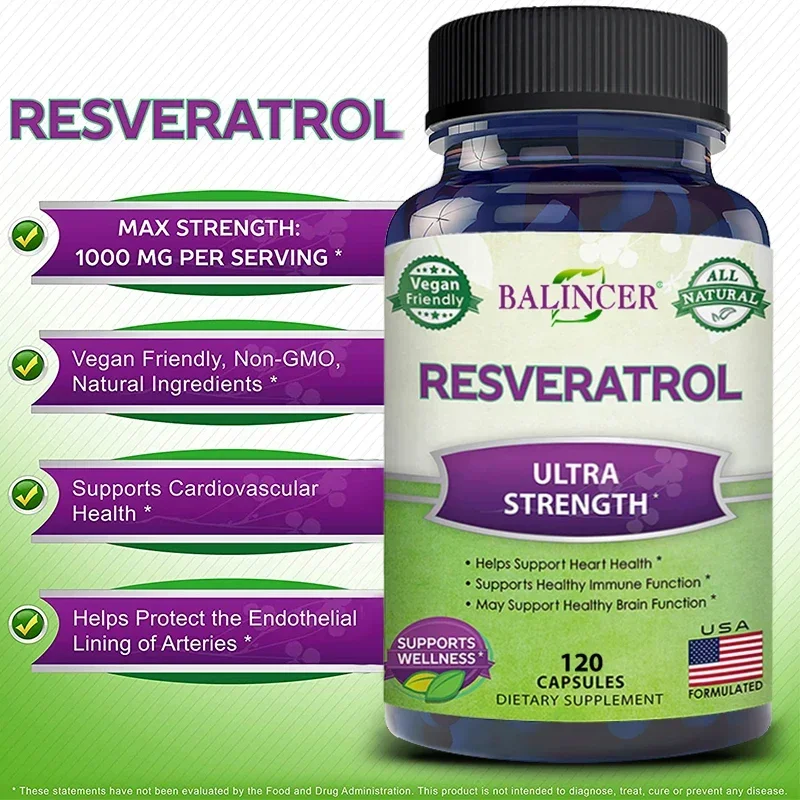 Resveratrol Capsule Supplement, Supports Healthy Heart, Immunity, Brain, Skin, Antioxidant, Promotes Overall Health