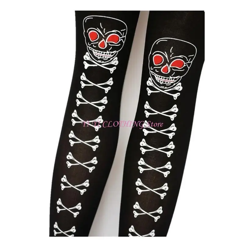 N5KF Women's Funny Skull Red Lips Print Thigh High Stockings Halloween Silk Over Knee Long Socks for Cosplay Party