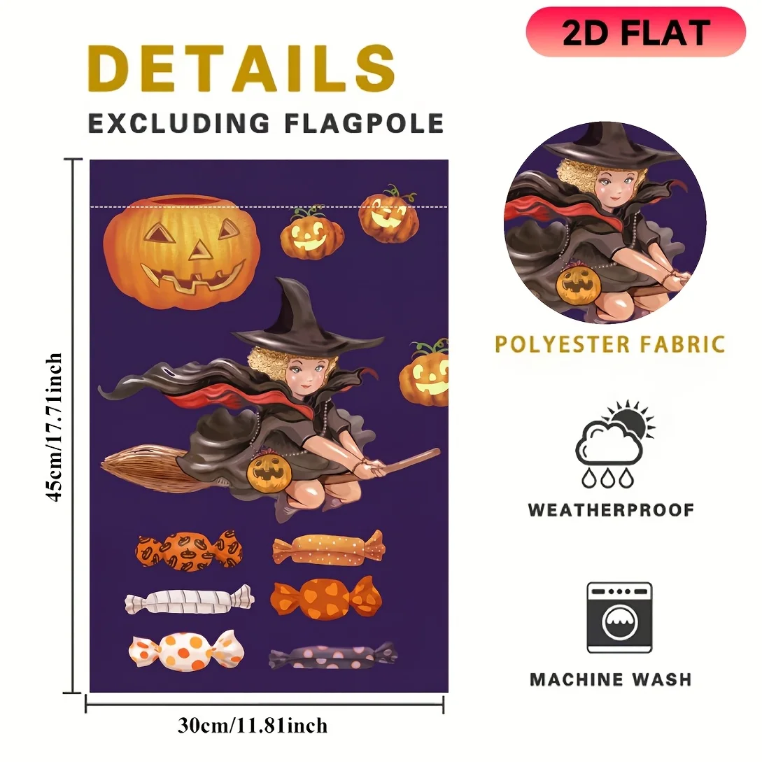 2D Flat Garden Flag 1 Piece, Dream Purple Bottom Flying Witch Candy Pumpkin Halloween Garden Flag, Very Suitable for Garden, Lawn, Courtyard, Home, Outdoor, Beach Decoration Flag, Halloween Celebration Decoration Flag (Excluding Flagpole) Flag Only,