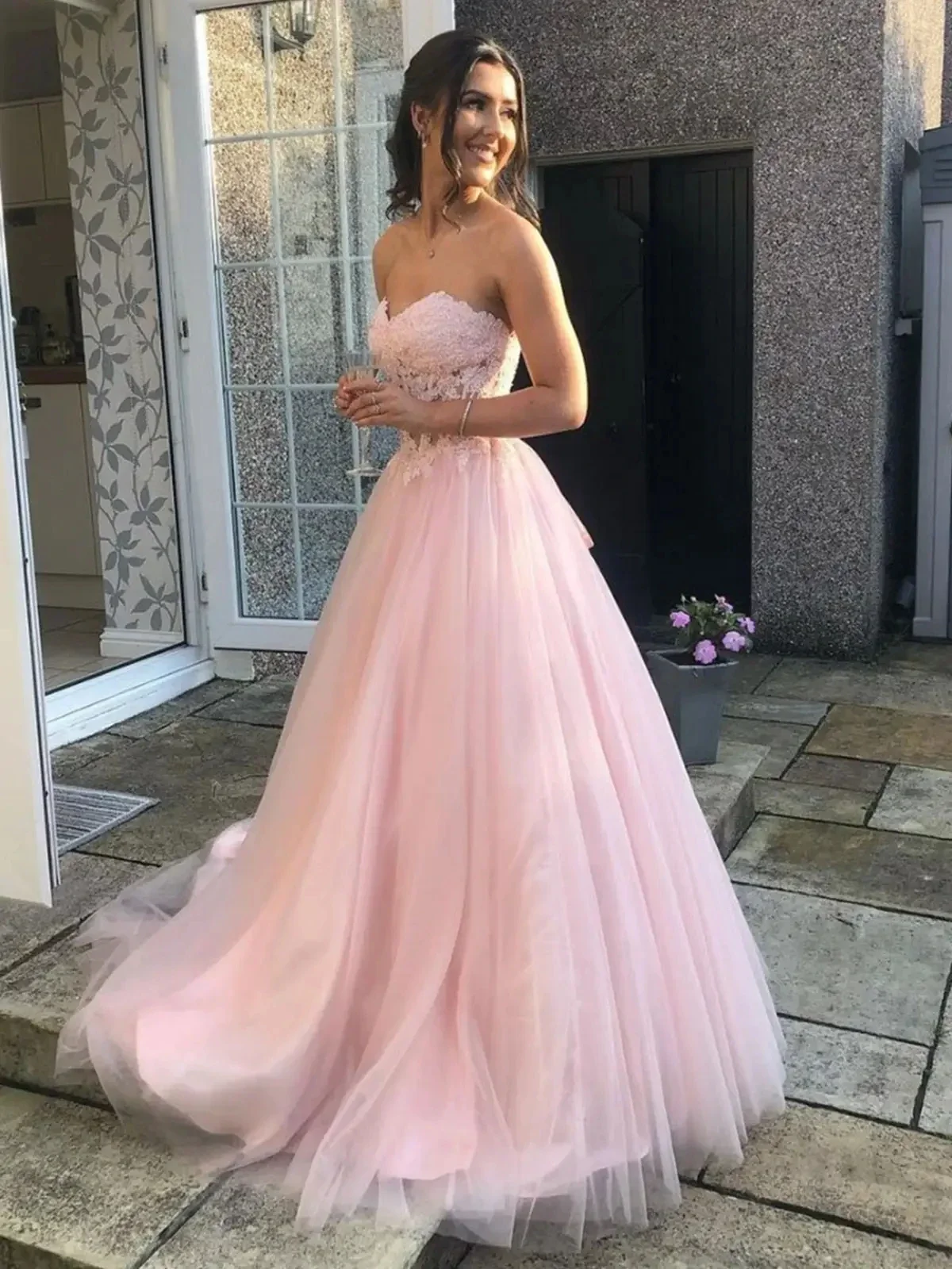 Pink Sweetheart Strapless Ball Dress Elegant Tulle Women's Evening Dress Formal Party Dress Customized