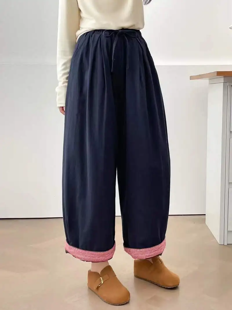 جديد 2025 الشتاء رشاقته السراويل المستقيمة ، المرأة مرونة الخصر منقوشة المرقعة ، موري فتاة الحد من العمر بناطيل كاجوال B5D228CC