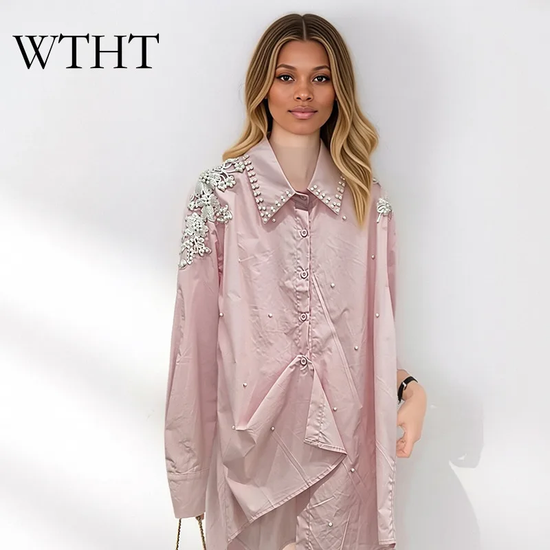 

WTHT Elegant Women's Pearl Beaded Lace-shoulder Asymmetric Design Shirt New Summer 2026 Loose Long-sleeve Blouse Female 1LS3076