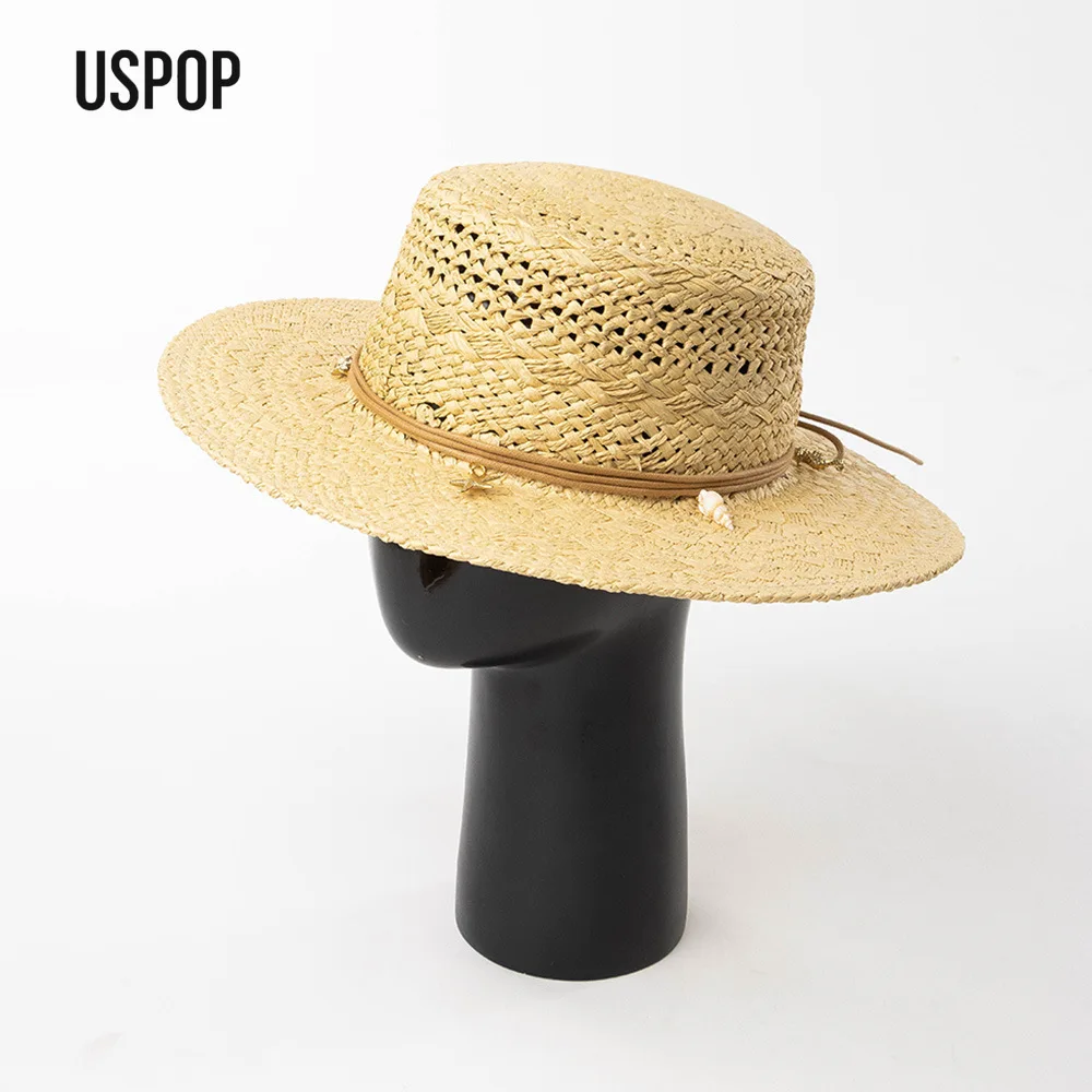 USPOP Spring Summer Women Handmade Paper Straw Sun Hat Shell Chain Wide Brim Flat Top Beach Travel Hat