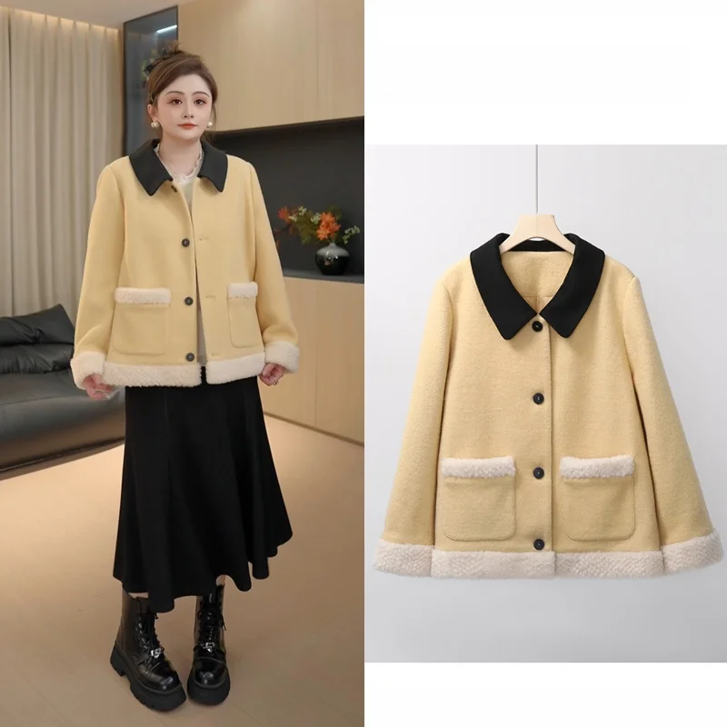 

Зимнее утепленное шерстяное пальто Fangjiajia для женщин: модное, с цветовыми блоками, повседневное, короткое, дышащее, на пуговицах