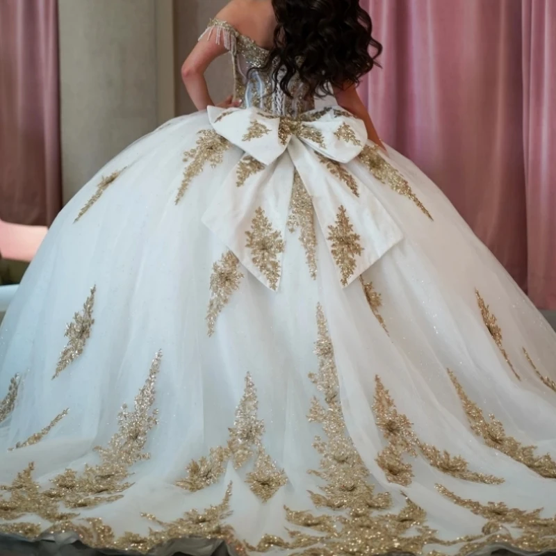 

A1451 High Quality White Gold Wedding Party DressTassel Sequined Applique Bow Prom Birthday Party Quinceanera 15 16 Customized