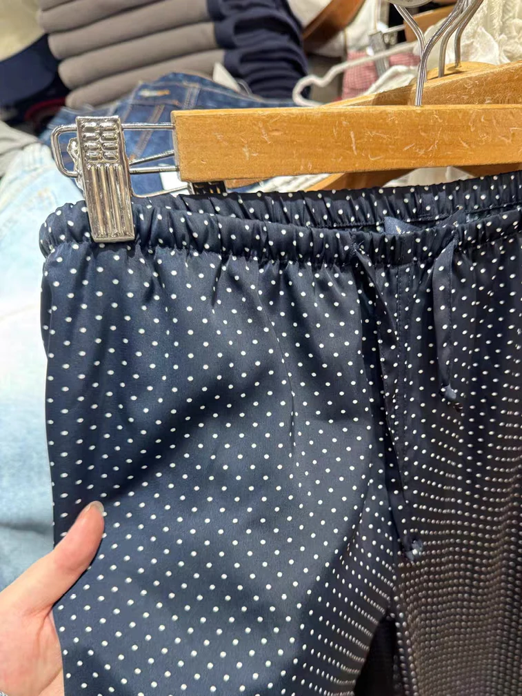 Pantaloni lunghi blu scuro a pois con coulisse Donna Autunno Pantaloni dritti sottili in cotone a vita bassa Pantaloni sportivi larghi dolci stile preppy Nuovo