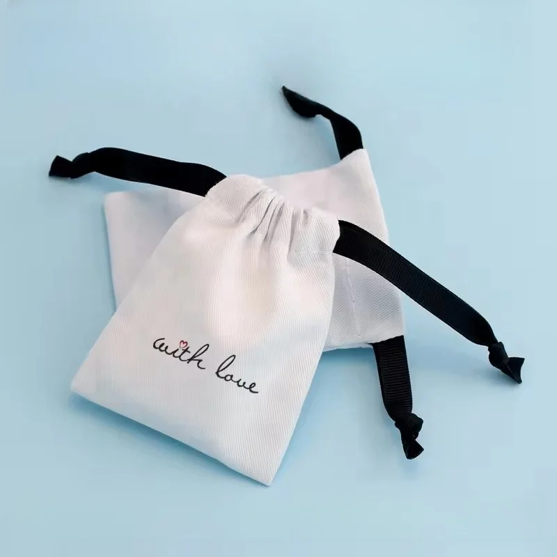 cotton logo printed custom white wholesale pouches gift packaging jewelry drawstring cosmetic bag