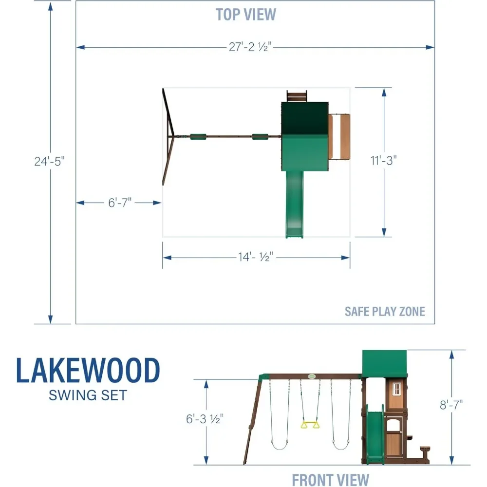 Lakewood Cedar Wood Swing Set, Covered Upper Deck with White Trim Window,  Lower Fort Area with Door and Attached Bench