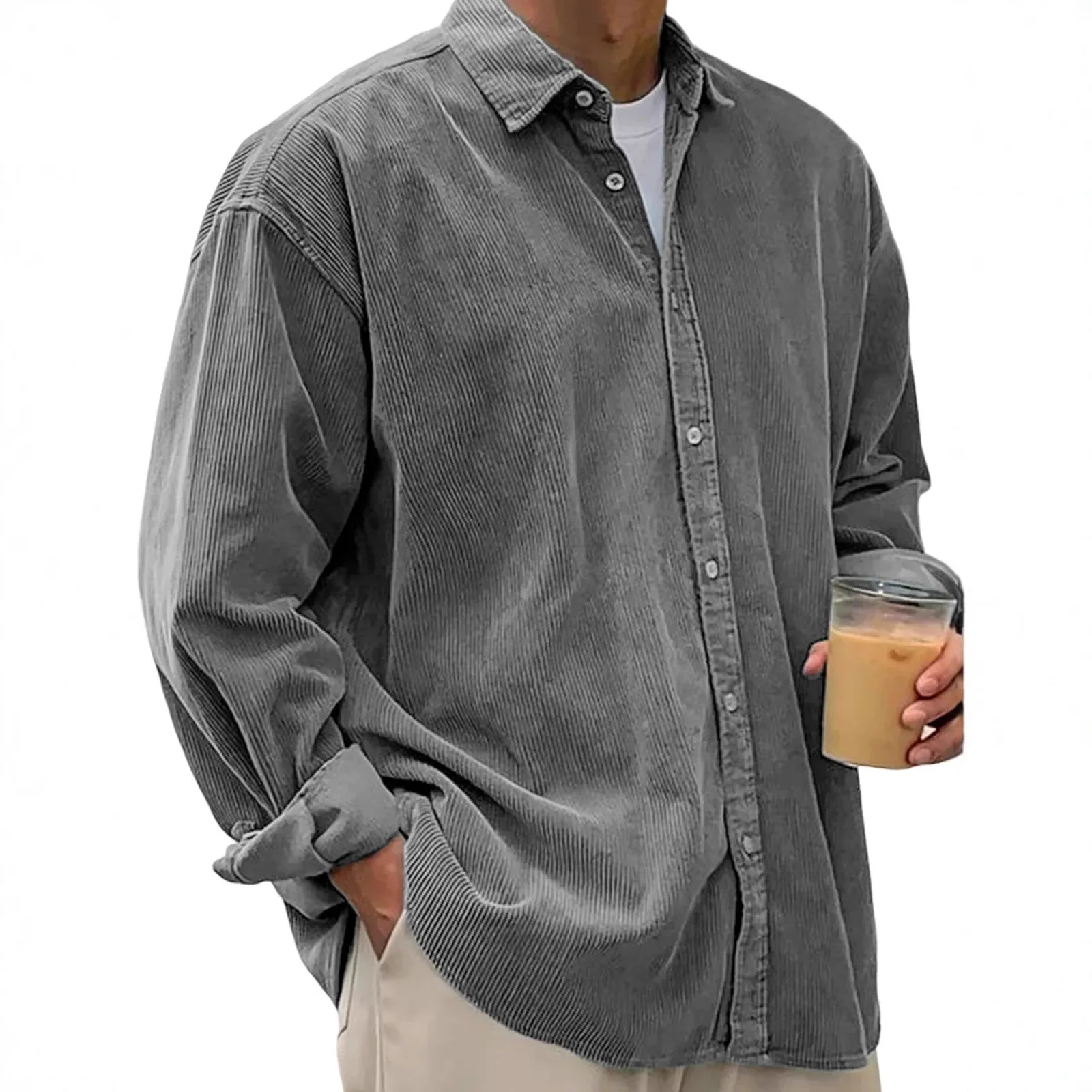 

Men's Corduroy irt Long Sve Trendy Casual Sle Decorative Stitching Light Weight Color Button up Cardigan Coat