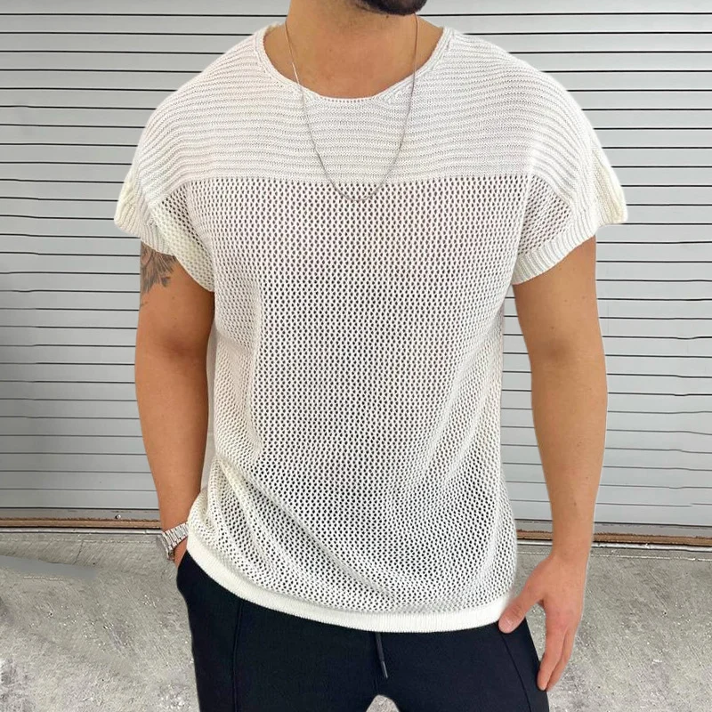 Knitting Hollow Out Breathable Thin T Shirt Mens Summer Fashion Pure Color Knitted T-shirts Men Casual O Neck Short Sleeve Tops