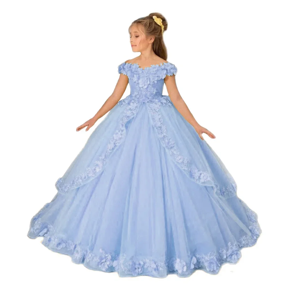 Tüll Blumen mädchen Kleider für die Hochzeit schulter frei Prinzessin Pagenat Kleid lange Kinder 3d Applikation erste heilige Kommunion Party kleider