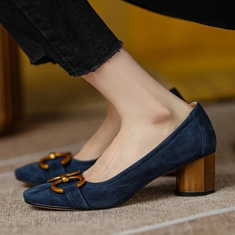 Square Toe Work Shoes Metal Decoration 3.5CM Women\'s High Heels 2022 Spring and Autumn New High Quality Fashion Blue