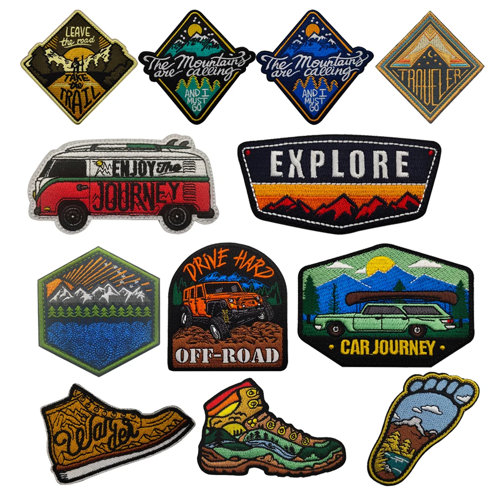 Colors Design Pretty Fabric Scenery Traveler Camping  Funny Pattern Car Mountains Pattern Cloth Sticker Hiking Patch For Bag Hat