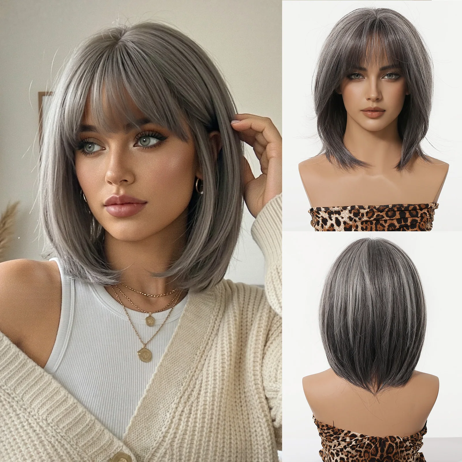 

EASIHAIR Темно-Светло-Серые Синтетические Парики Короткий Прямой Парик с Челкой для Женщин Повседневный Косплей Вечеринка Использование Термостойкое Волокно