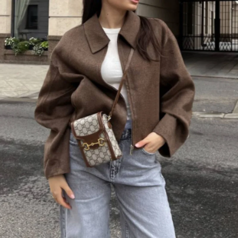

Vintage Brown Woolen Blends Women's Parkas Elegant Lapel Long Sleeve Zipper Cropped Coats Fashion Autumn Lady High Street Jacket