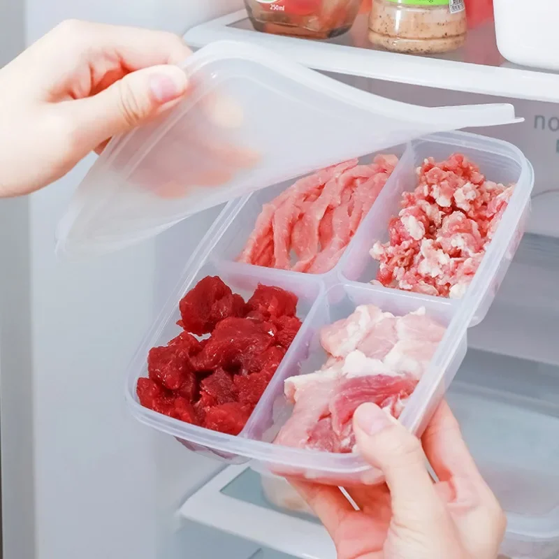 1pc Transparent Four Grid Refrigerator Large Capacity Storage Box Frozen Meat Compartment Food Sub-packed Kitchen Storage Boxes