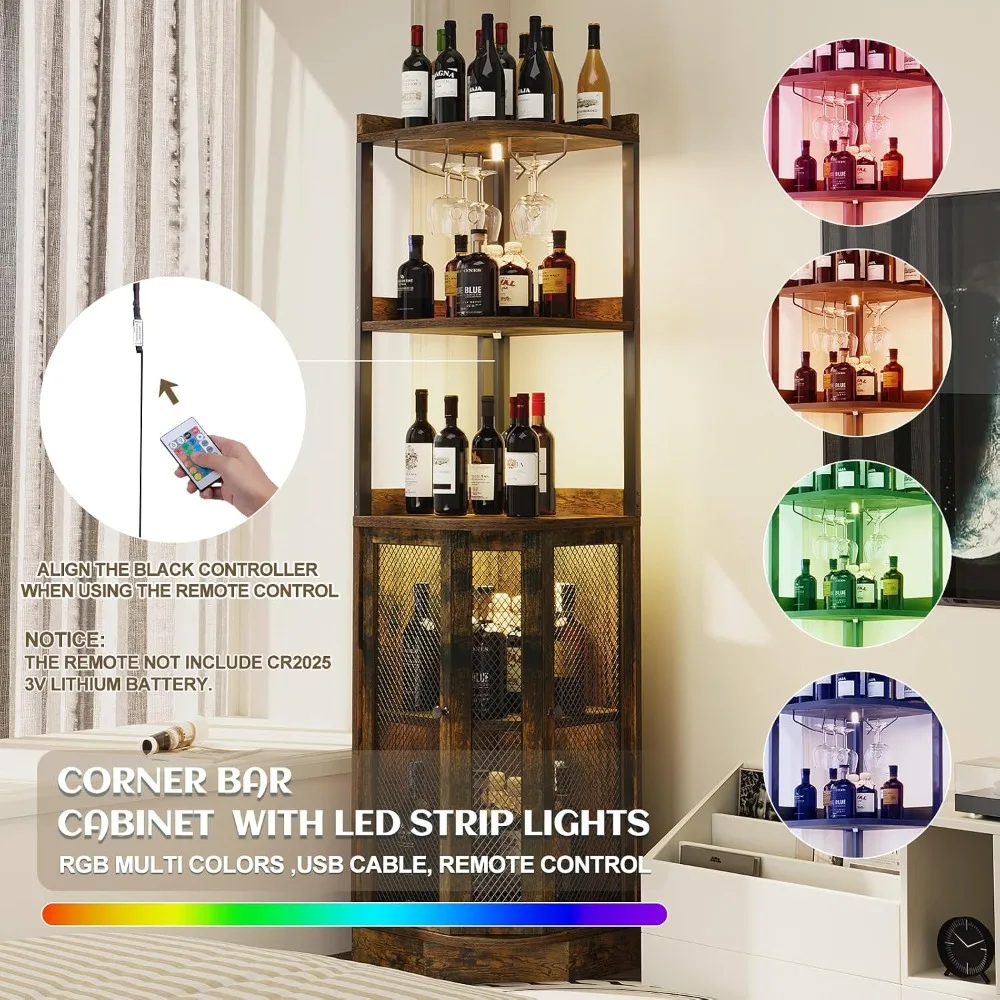 EOYUTLLY 65" H 5-Tier Corner Bar Cabinet with Power Outlet and LED Strip, Brown image 4