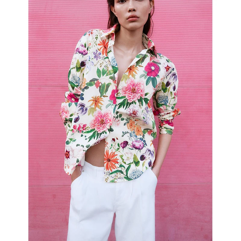 Primavera nuove donne casual lungo Sve colletto rovesciato stampa floreale seta irt pendolari Faion fibra di poliestere 00%