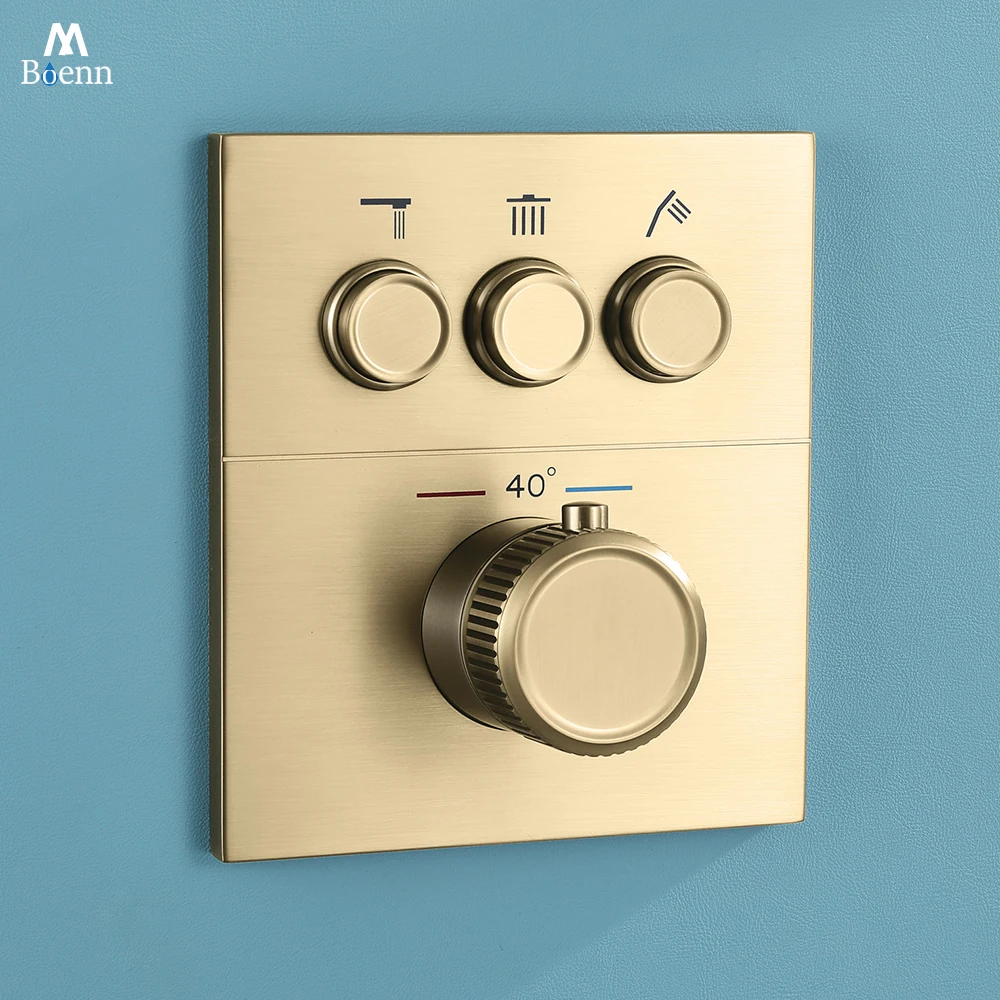 

M Boenn Bathroom Faucet Button Switch Brass Concealed Mixer Built-in Thermostat Mixer Shower Tap Valve 3 Function Black Diverter