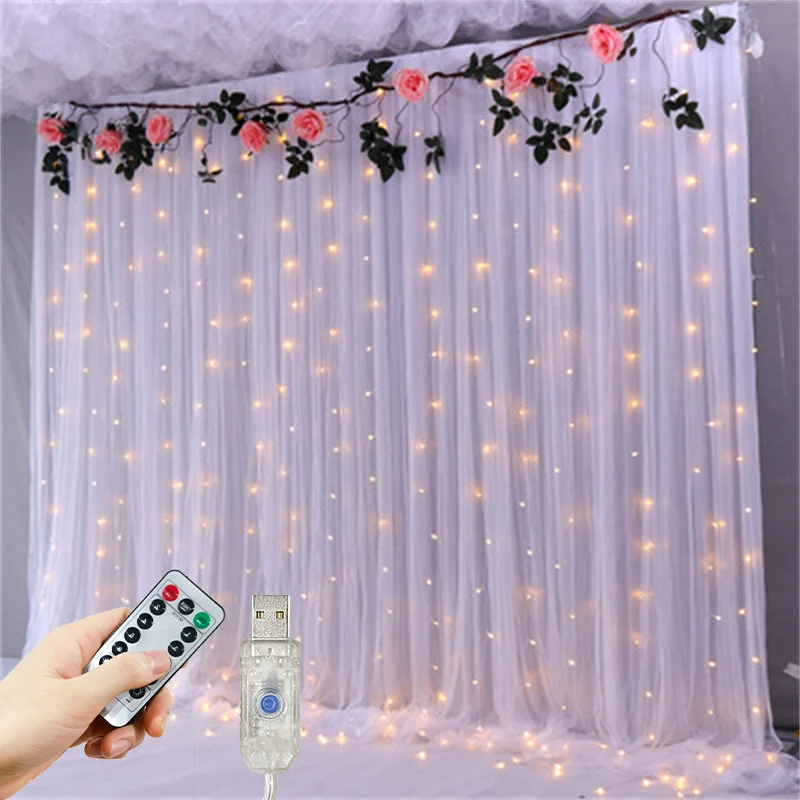 

Wedding Scene LED Curtain Lighting String USB Powered 8 Modes Holiday New Year Party Lights Home Christmas Decorations for Home