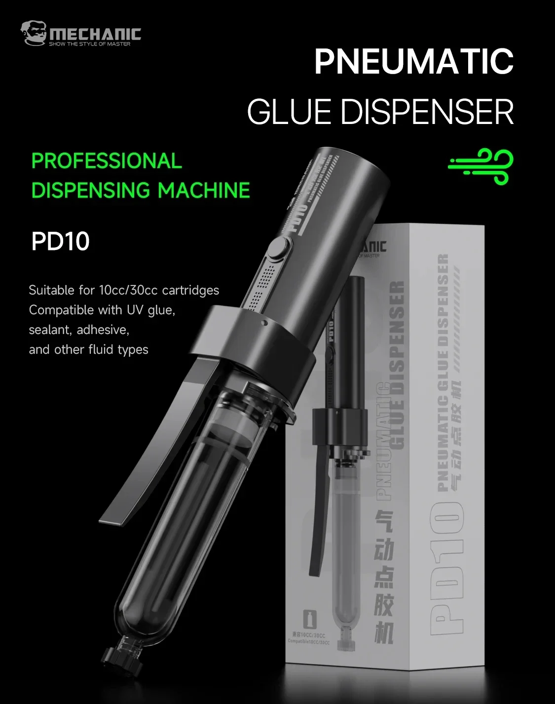 MECHANIC PD10 Pneumatic Glue Dispenser - 1200mAh Built-in Pump, 3 Gears, Auto Drip Prevention,for 10CC/30CC UV Glue/Solder Paste
