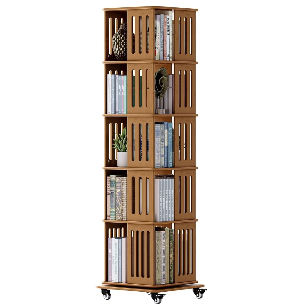 Rotating Bookshelf with Wheels Solid Wood Spinning Bookshelf Tower 5 Tier Square Revolving Bookcase with Storage for