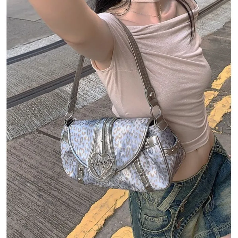 JIAERDI Leopard Print Silver Shoulder Bags Women Vintage Heart  Casual Underarm Bag Purse Female Punk Messenger Bag Aesthetic