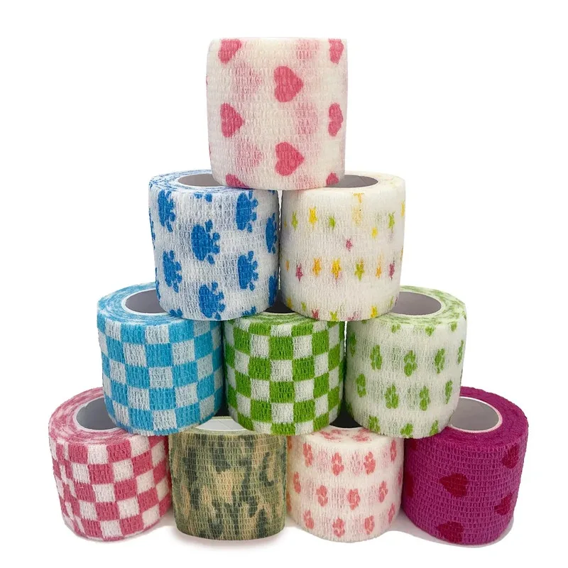 1/6pcs Printed Motion Self Adhesive Elastic Bandage Colorful Sports Wrap Tape For Finger Joint Knee First Aid Kit Pet Tape