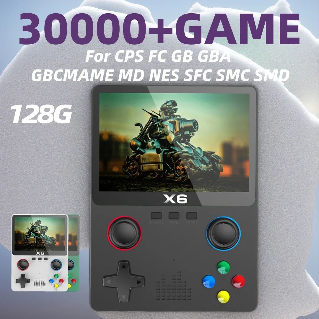 

128G 30000+GAMES NEW X6 Retro Portable Console 3.5" Screen 2000mAh Battery 640x480 For SFC GBC GBA Handle Connection Mini Arcade