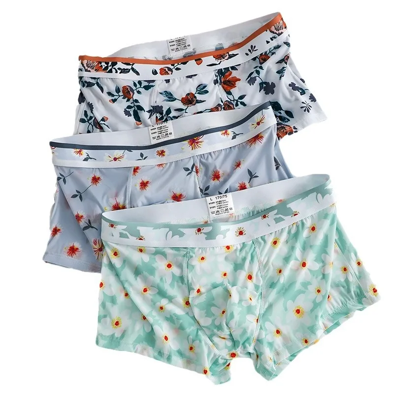 

Men's Ice Silk Floral Print Boxer Briefs Quick-Dry Breathable Underwear Male Fashion U Convex Pouch Boxy Underpants Daily Trunks