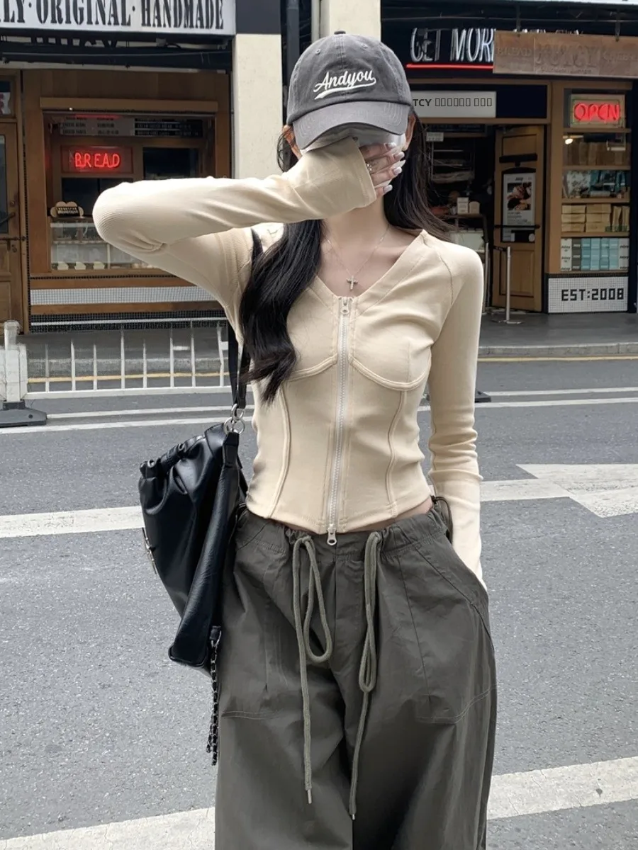 Calças de Trabalho Femininas de Dança Jazz de Outono com Zíper Duplo e Top Base Estilo Americano