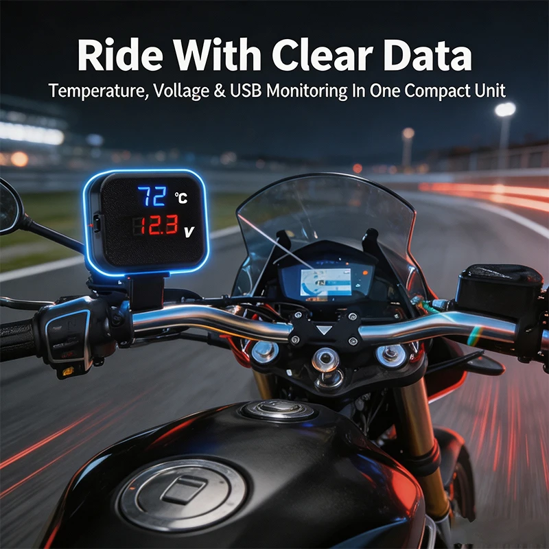 Motorcycle Water Temp Meter Voltmeter Gauge USB Phone Charger 3 in 1 Waterproof LCD Digital Display