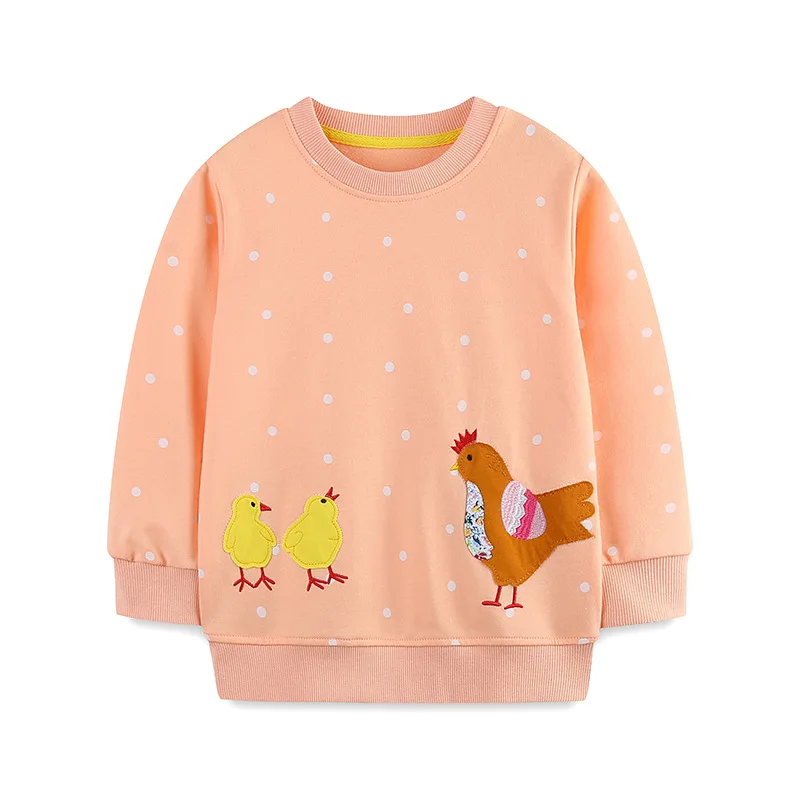 Kid Girls Pullover Tops 100% Cotton Chicken Applique Hoodies Sweatshirts Toddler Polka Dot Long Sleeve Clothes