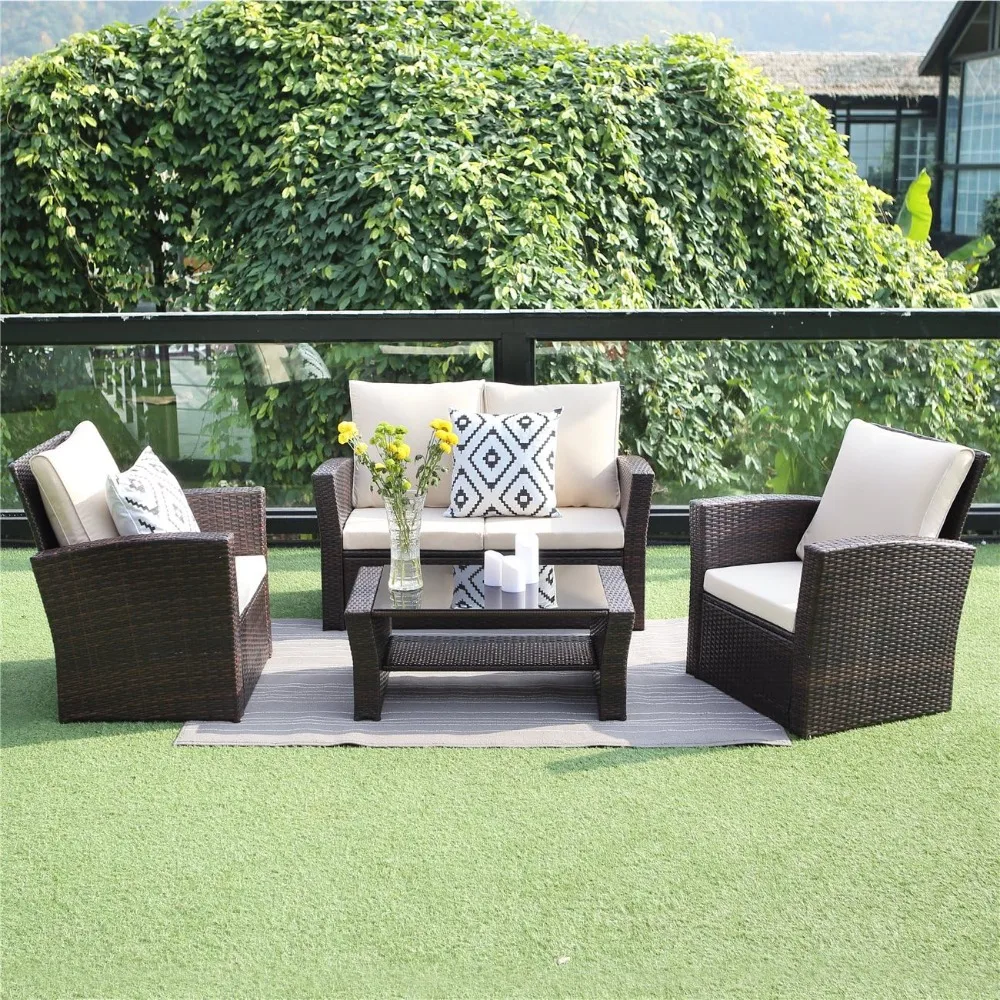 Patio Furniture Sets, All-Weather Wicker Conversation Sets, Outdoor Rattan Sectional Sofa Chair with Cushions and Coffee Table