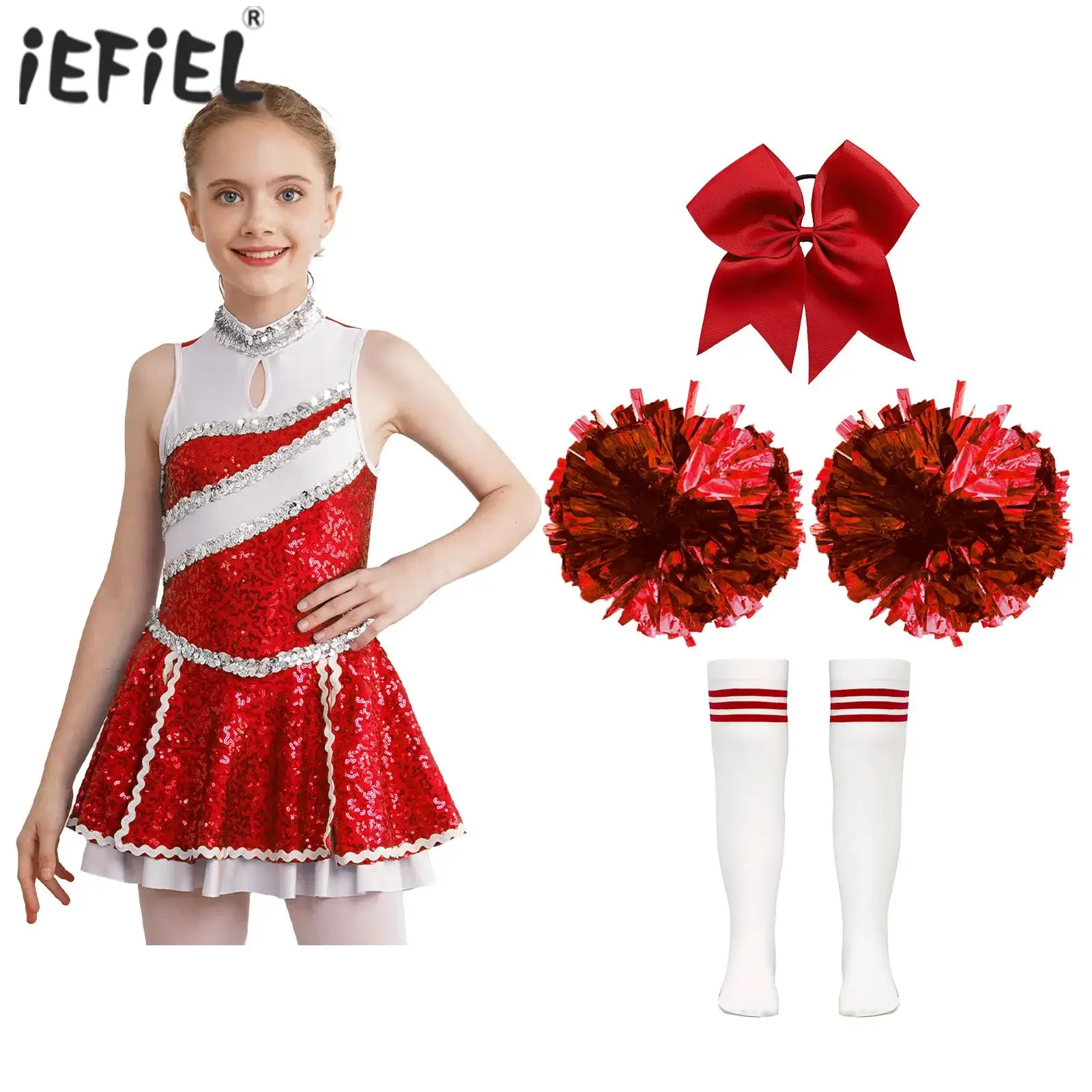 

Kids Girls Glitter Sequins Cheerleading Uniform Costume Cheer Leader Dance Outfits Cheer Up Dress for Competition Performance