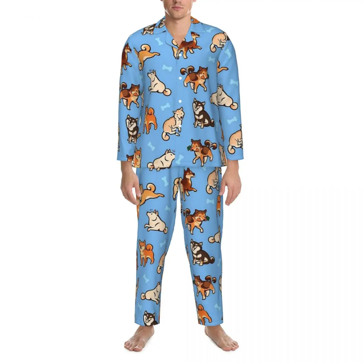 Shiba pijamas masculinos com estampa animal fofa, roupa de dormir moderna para quarto, primavera, 2 peças, casual, design grande, conjuntos de pijama