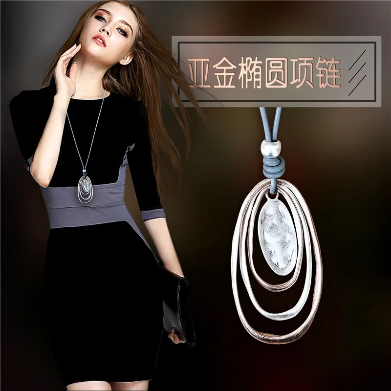 Vintage Women Long Leather Necklace Contrast Color Metal Circle Pendant Suspension Chains Collares Necklace Jewelry