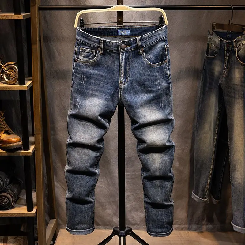 Roupas de marca retro 2025 outono novos jeans masculinos fino-ajuste em linha reta lavado versátil roupas masculinas calças elásticas de tamanho grande