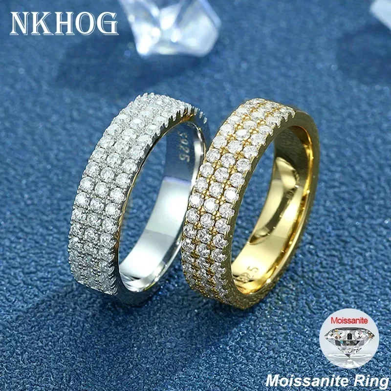 NKHOG 1.5mm Full Moissanite Rings S925 Silver 18K Gold Plated Three Row Diamond Women Men Eternity Wedding Band Jewelry Gift GRA