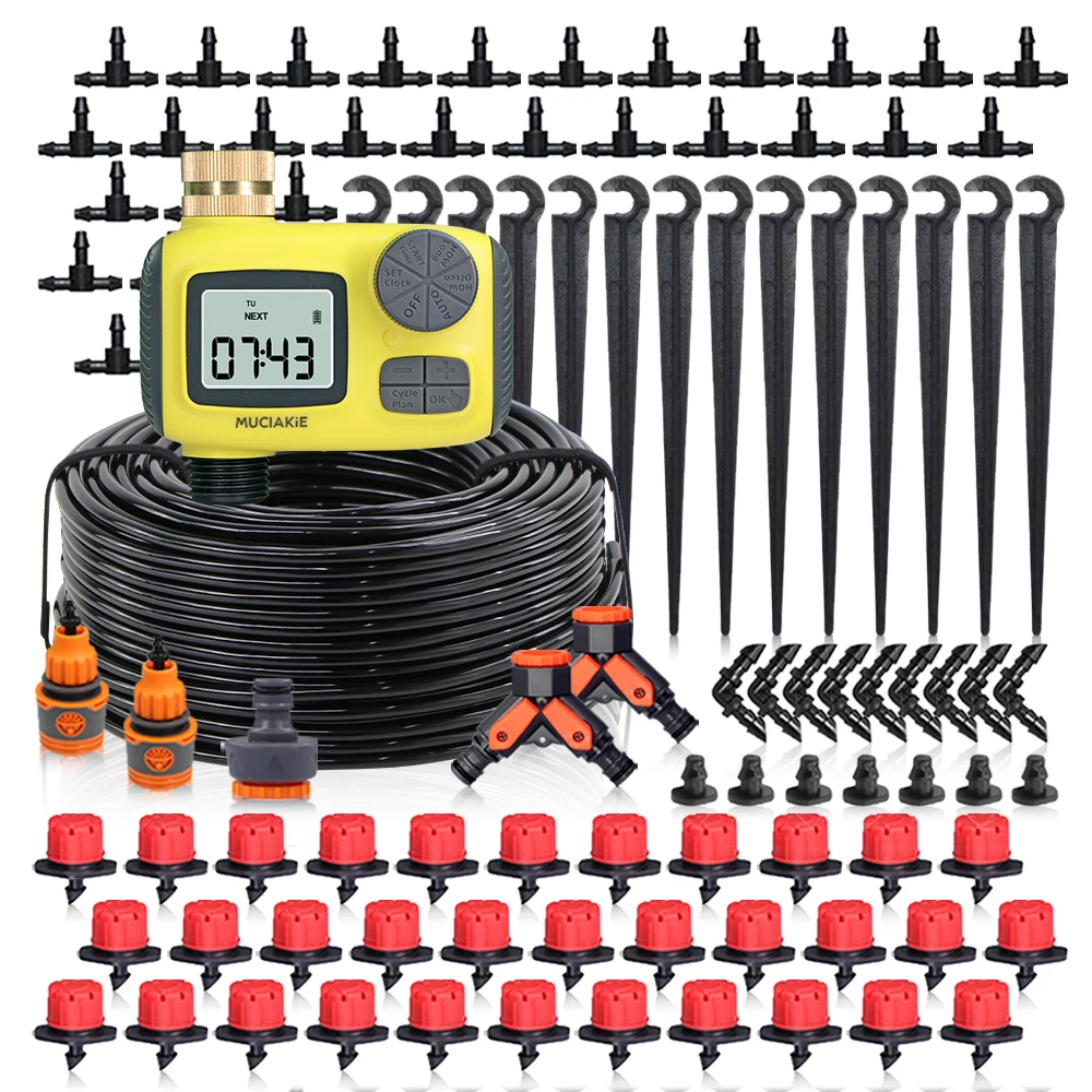 

30-10m LCD Display Garden Rotate Options Timer Irrigation Kit 1/4" Hose 8-hole Rotary Adjustment Nozzle Watering Cooling System