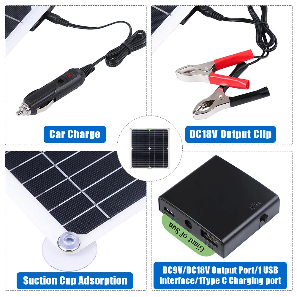 Portable 400W Solar Panel Kit 100A PWM Solar Controller Multi Output USB Type-C DC Alligator Clip Car Cigarette Plug for Camping RV Yacht Off-Grid Power